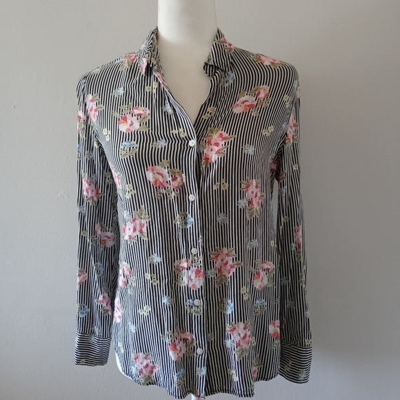 Como Vintage Long Sleeves Striped Floral Hi-Lo Button up Shirt Size small - Picture 2 of 14